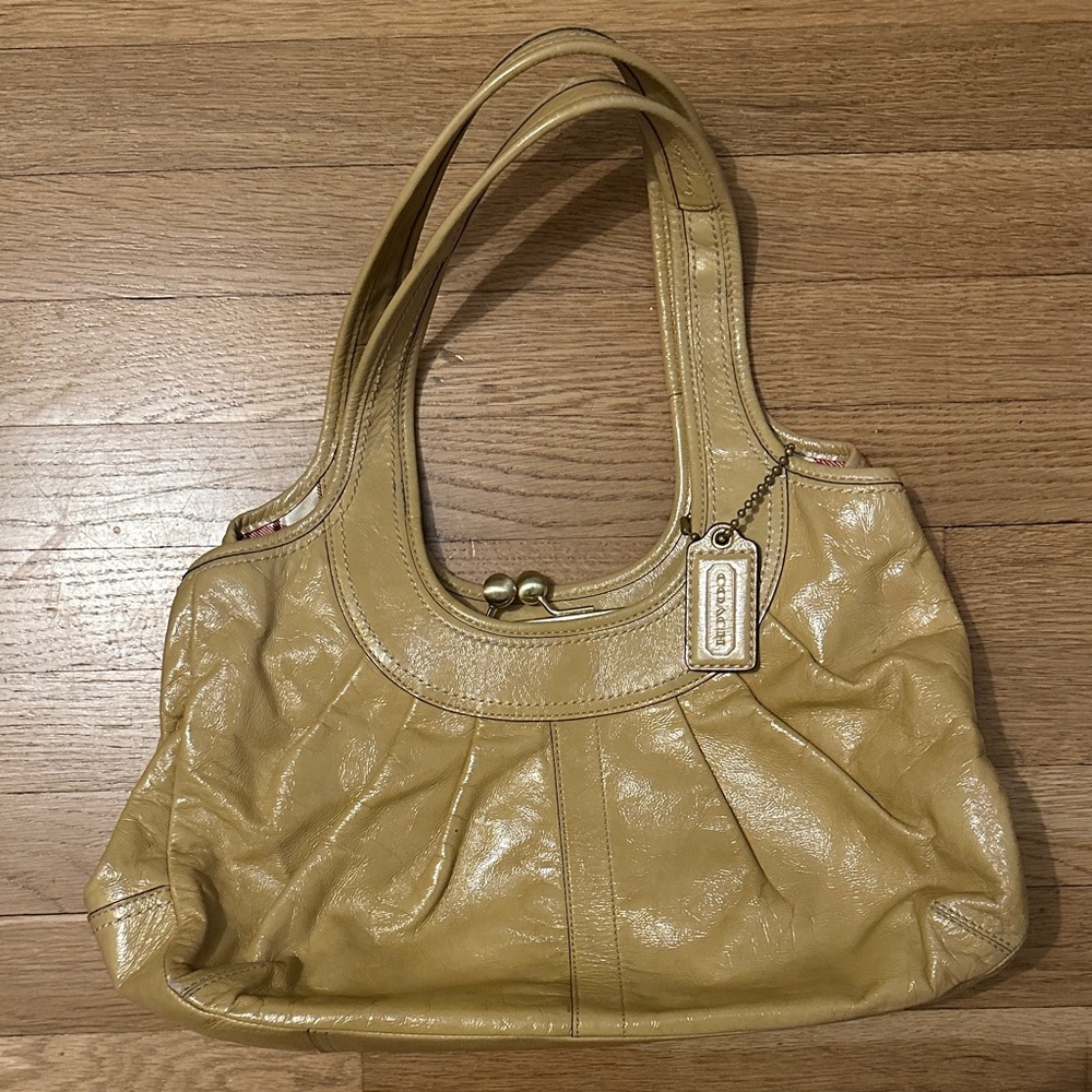 Coach Leather Hand Bag with Double Handles and Kiss-Lock Accent